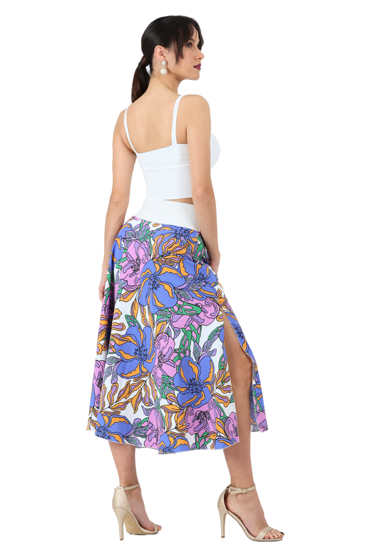 Colorful Bloom Print Midi Swing Skirt