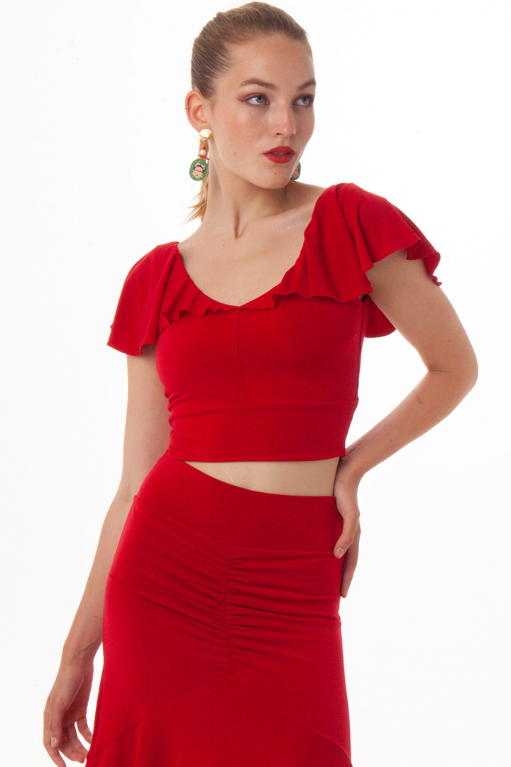 Crop Top With Ruffled Sleeves (XS) (Red)