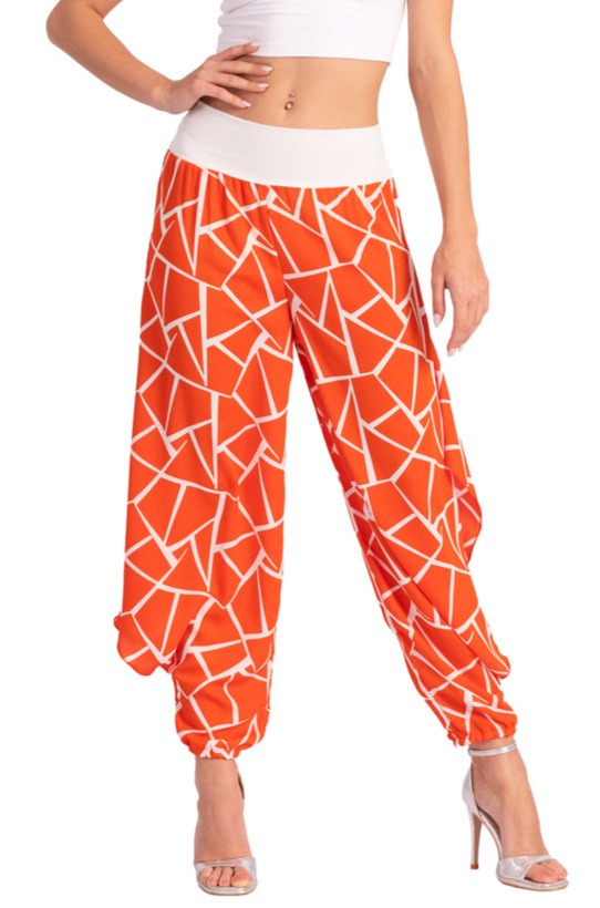 Coral Geometric Print Pants With Slits