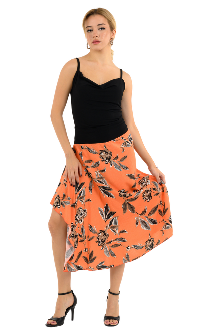 Coral Floral Print Skirt With Side Draping