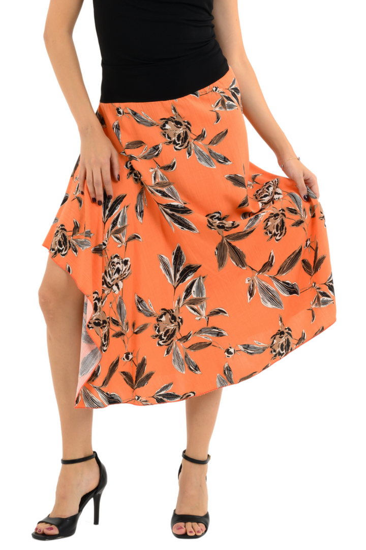 Coral Floral Print Skirt With Side Draping