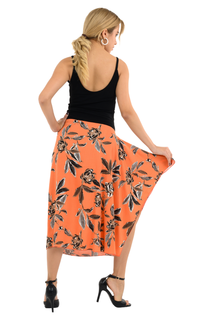 Coral Floral Print Skirt With Side Draping