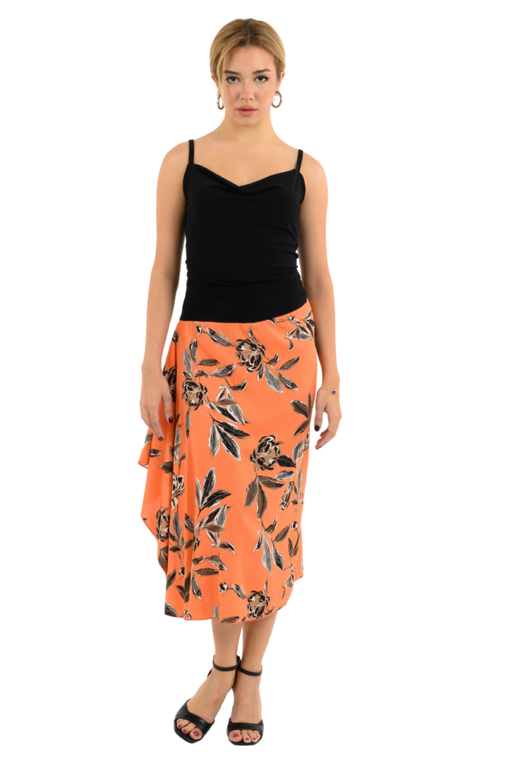 Coral Floral Print Skirt With Side Draping
