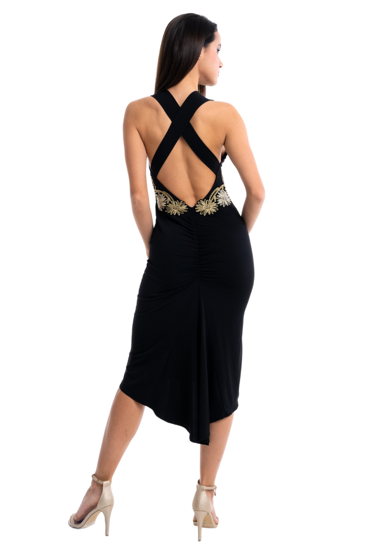 Crisscross Back Fishtail Dress With Embroidery