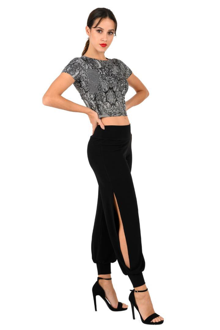 Lace Print Cutout Back Crop Top