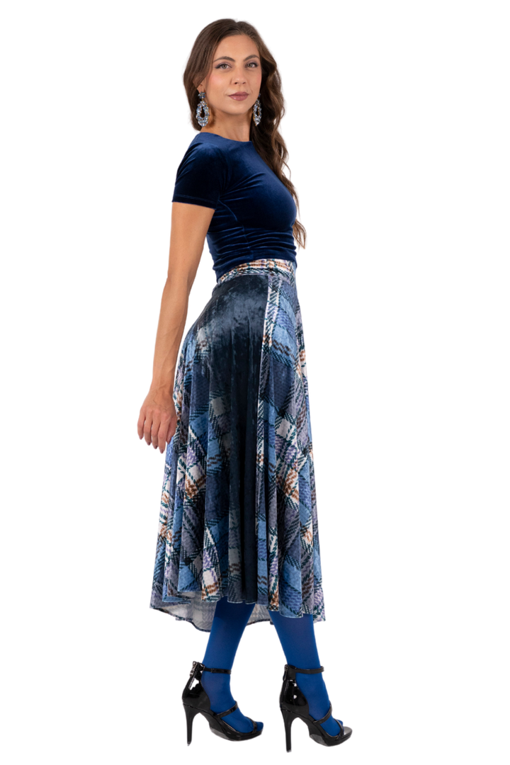 Blue Plaid Velvet Flowing Tango Skirt