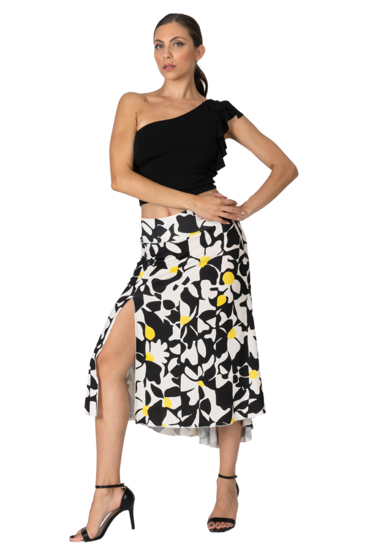 Daisy Print Midi Tango Skirt With Right Slit