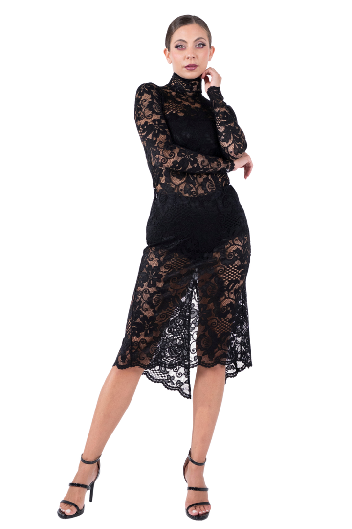 Black Lace Tango Dress With Slitted Tail
