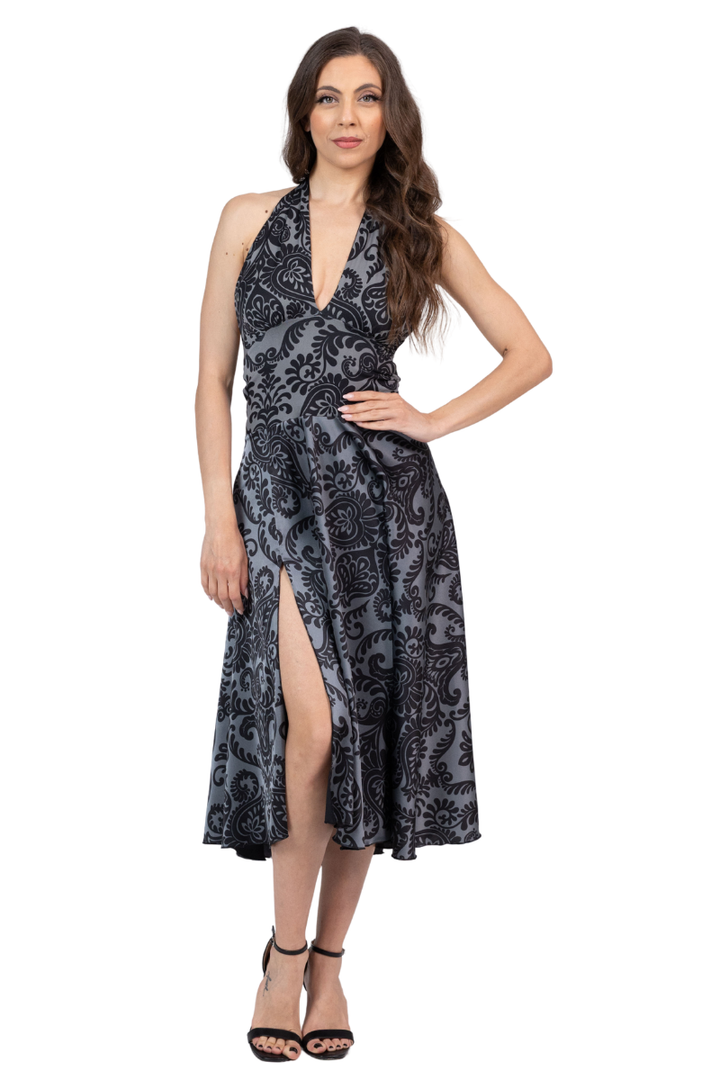 Damask Print Halter Neck Tango Dress