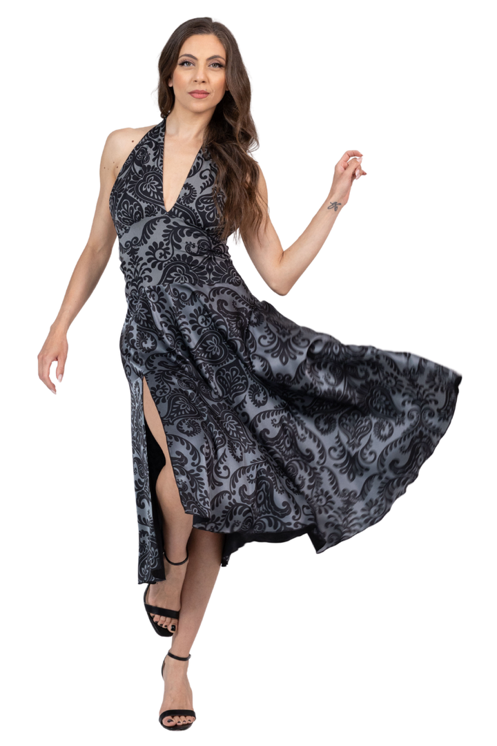 Damask Print Halter Neck Tango Dress