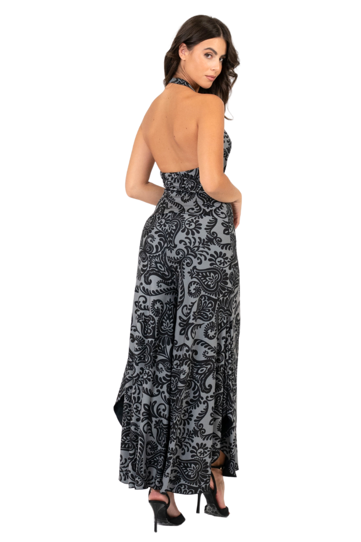Damask Print Halterneck Flowy Jumpsuit
