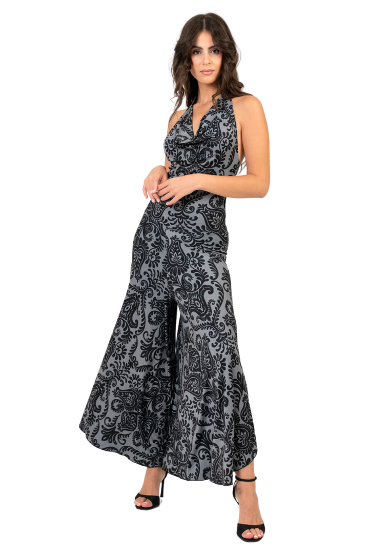 Damask Print Halterneck Flowy Jumpsuit