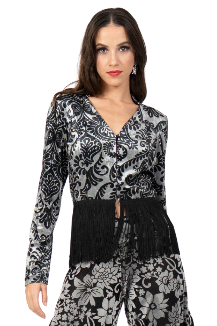 Damask Print Long Sleeve Fringed Hem Top