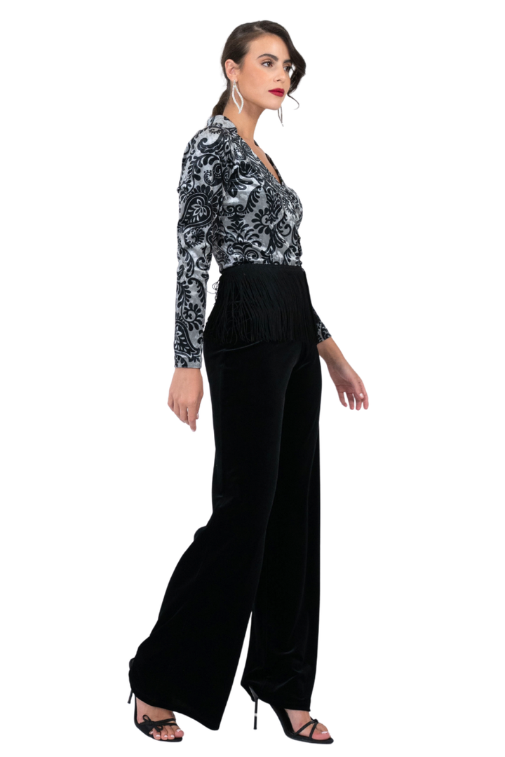 Damask Print Long Sleeve Fringed Hem Top