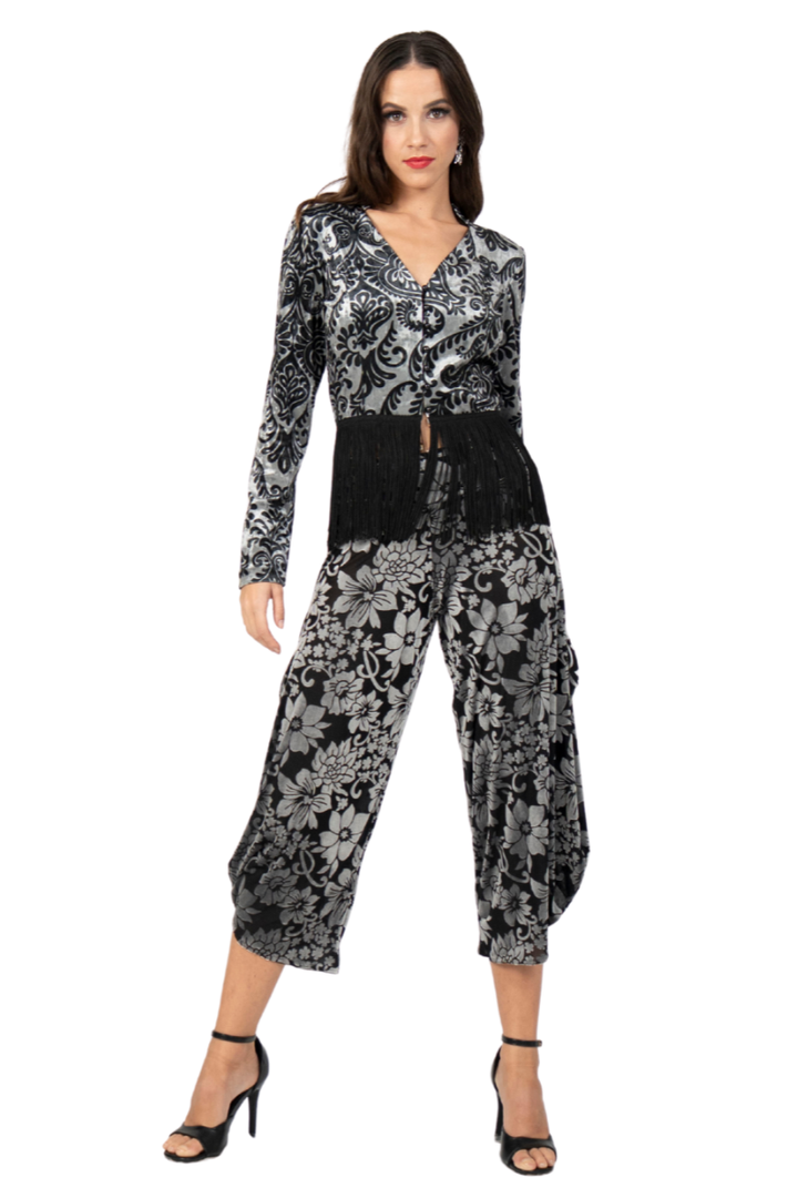 Damask Print Long Sleeve Fringed Hem Top