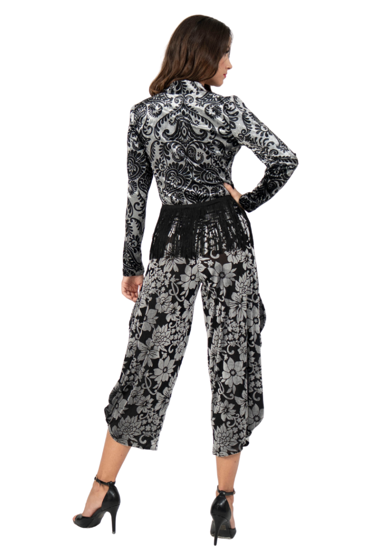 Damask Print Long Sleeve Fringed Hem Top