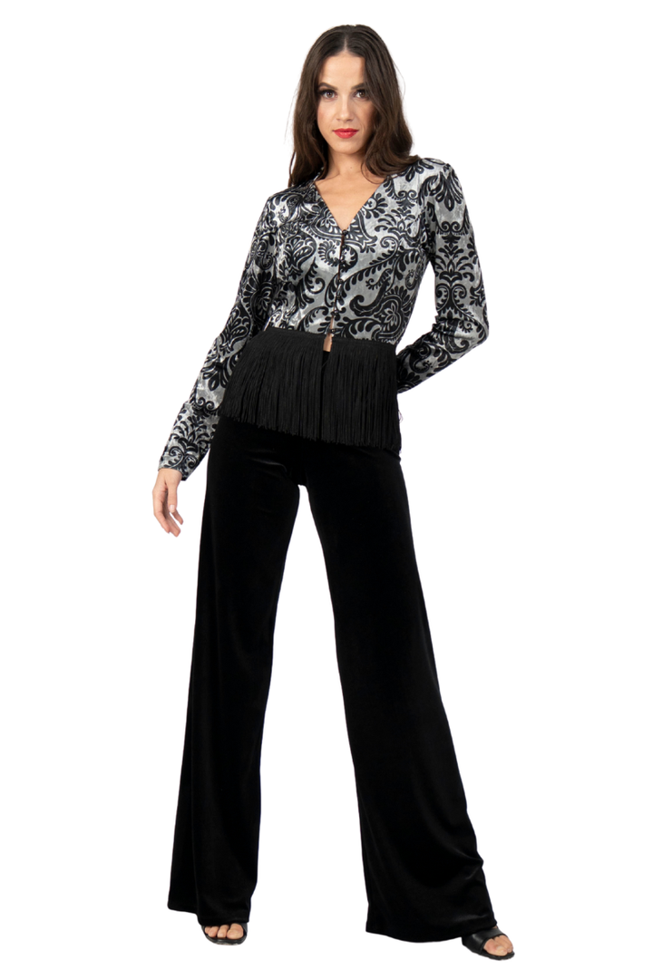 Damask Print Long Sleeve Fringed Hem Top