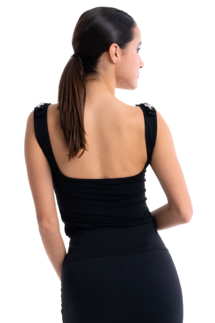 Black Dance Top With Thick Straps & Jewels