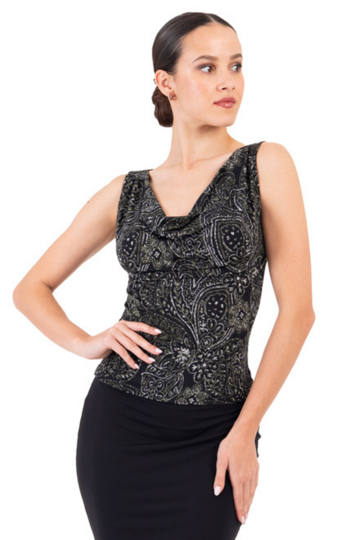 Dark Abstract Print Top With Draped Neck