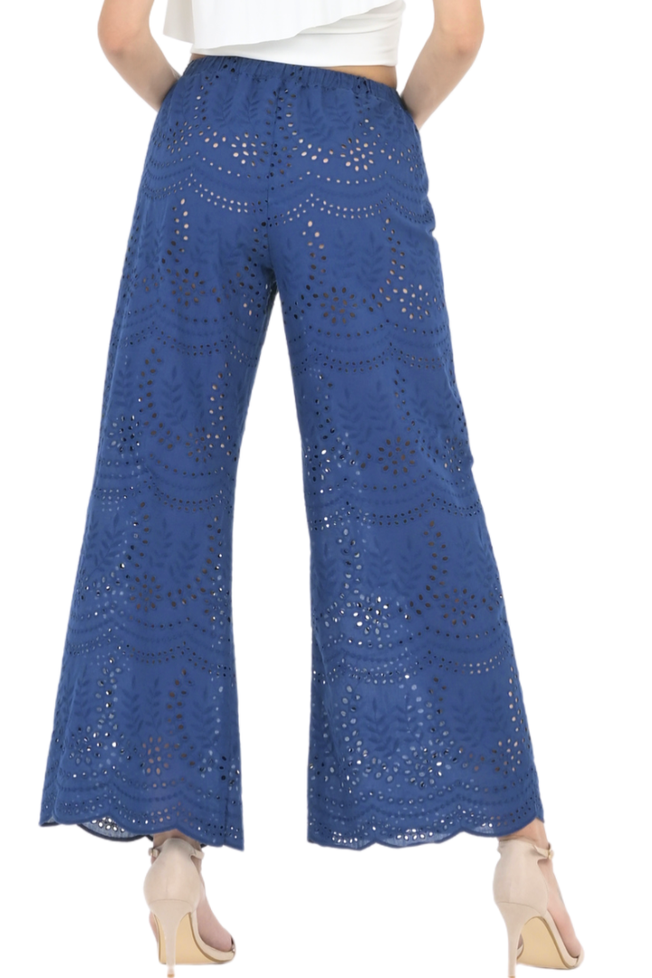 Dark Blue Eyelet Embroidery Wide Leg Pants