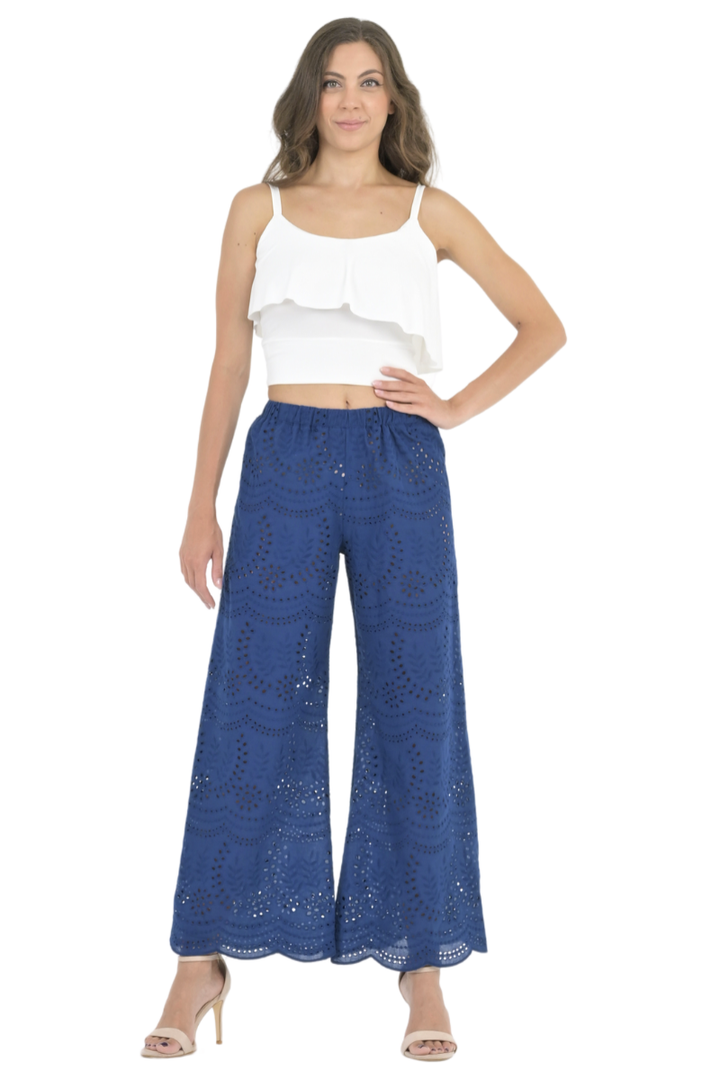 Dark Blue Eyelet Embroidery Wide Leg Pants