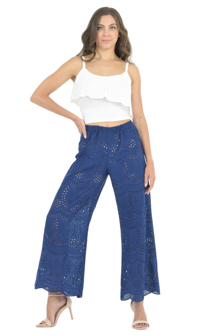 Dark Blue Eyelet Embroidery Wide Leg Pants