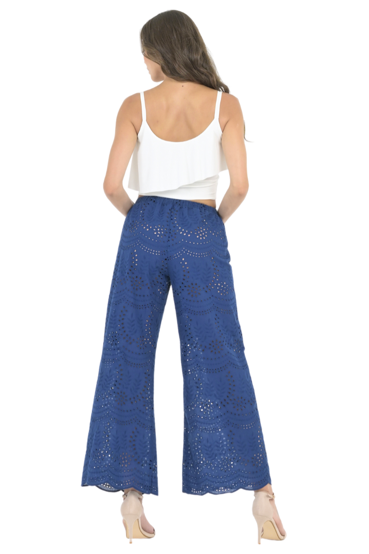 Dark Blue Eyelet Embroidery Wide Leg Pants