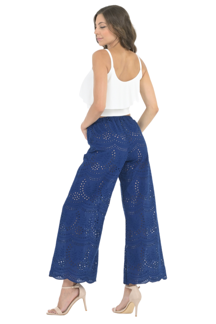 Dark Blue Eyelet Embroidery Wide Leg Pants