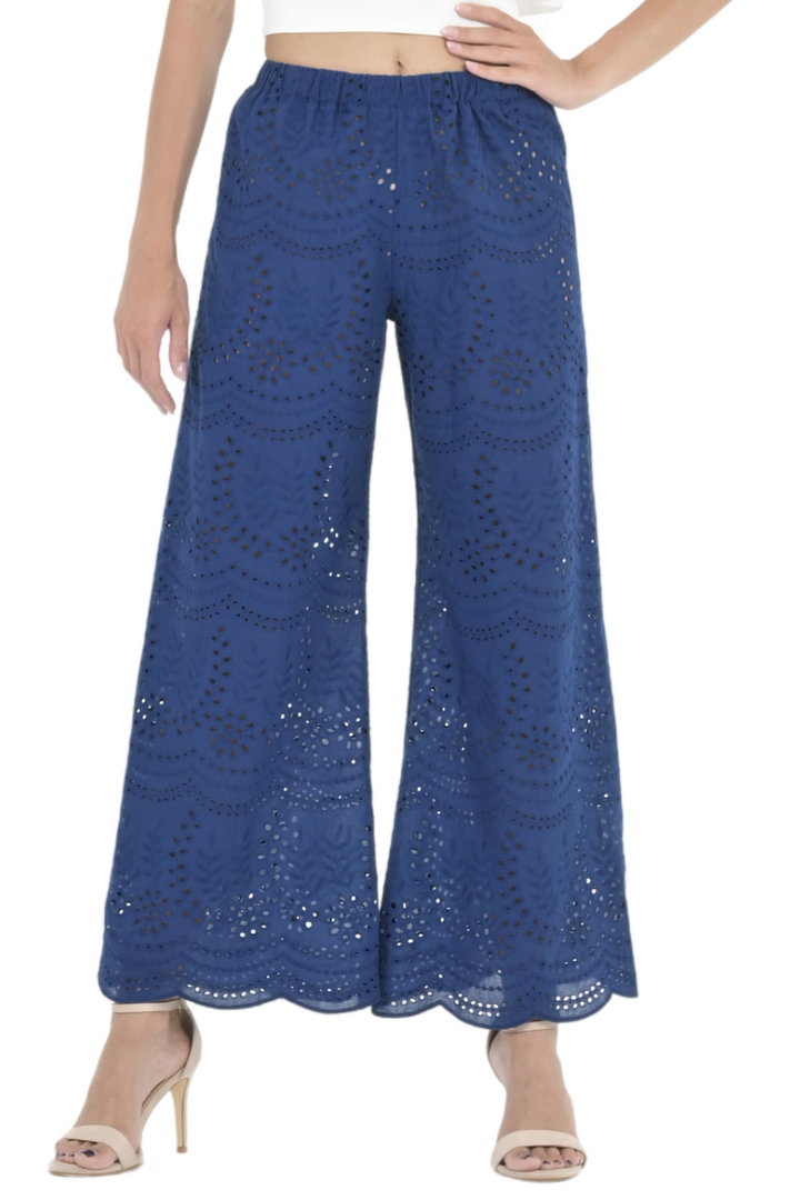 Dark Blue Eyelet Embroidery Wide Leg Pants