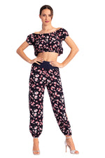 Load image into Gallery viewer, Dark Blue Floral Print Gathered Tango Pants