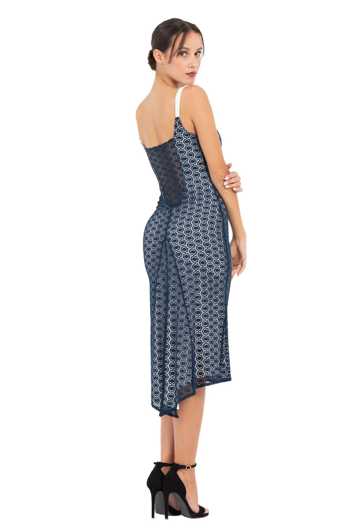 Dark Blue Lace Tango Dress With Slitted Tail