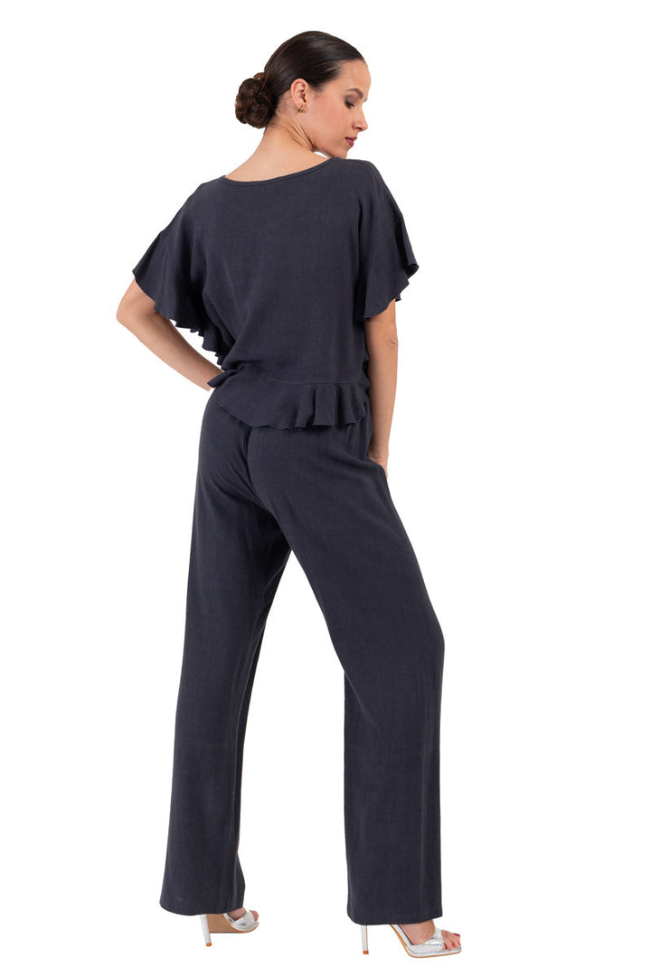 Dark Blue Linen top with Ruffles