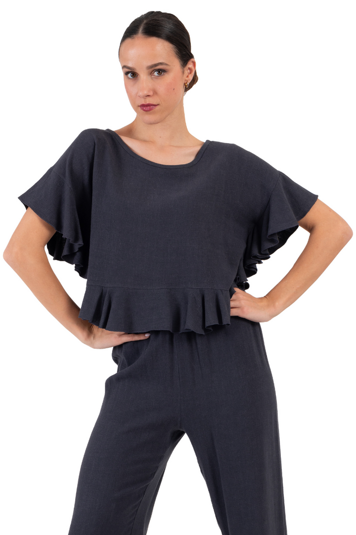 Dark Blue Linen top with Ruffles