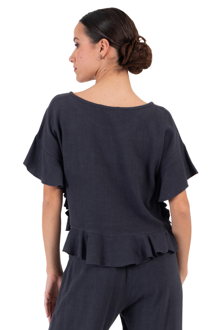 Dark Blue Linen top with Ruffles