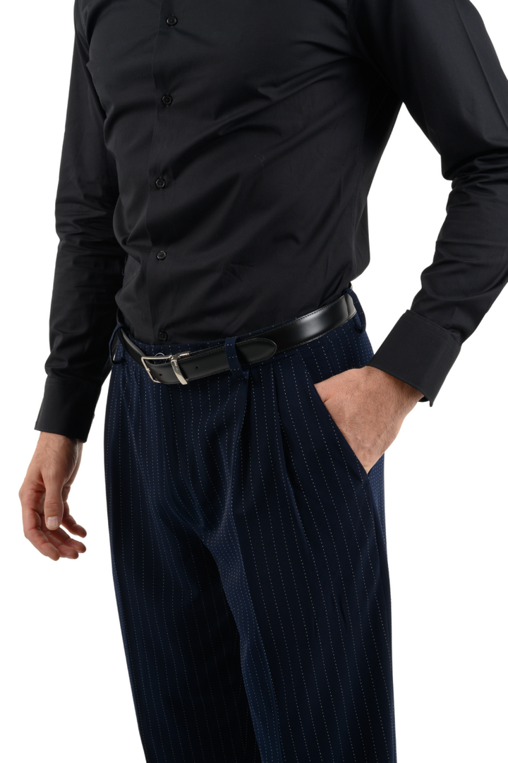 Dark Blue Pinstripe Tango Pants With Two Pleats