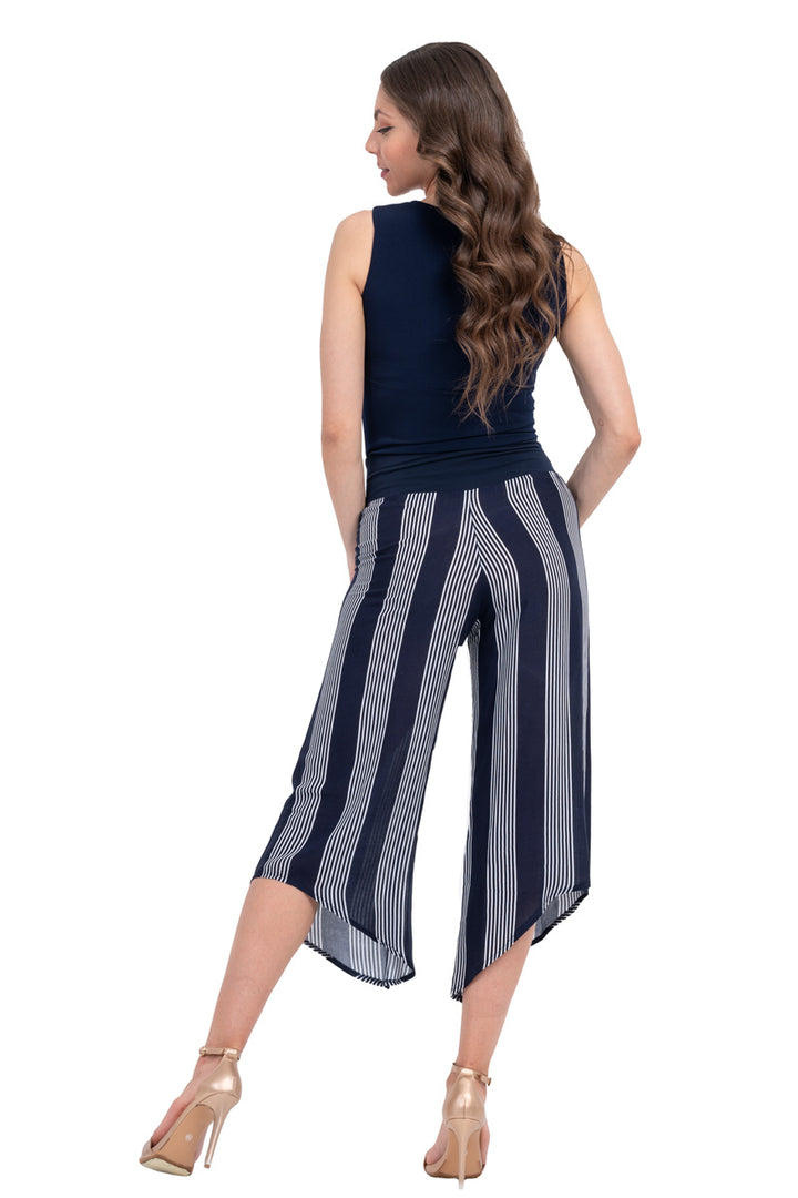 Dark Blue Striped Asymmetric Cropped Pants