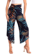 Load image into Gallery viewer, Dark Blue Waist Tie Tropical Print Asymmetric Cropped Pants