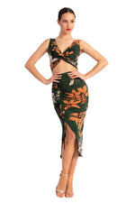 Load image into Gallery viewer, Dark Green Tropical Print Gathered Midi Skirt