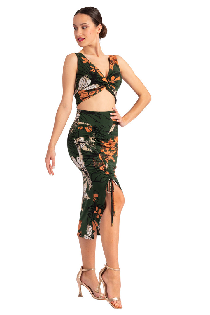 Dark Green Tropical Print Gathered Midi Skirt