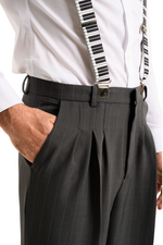 Load image into Gallery viewer, Dark Grey Pinstriped Men&#39;s Tango Pants With Three Pleats
