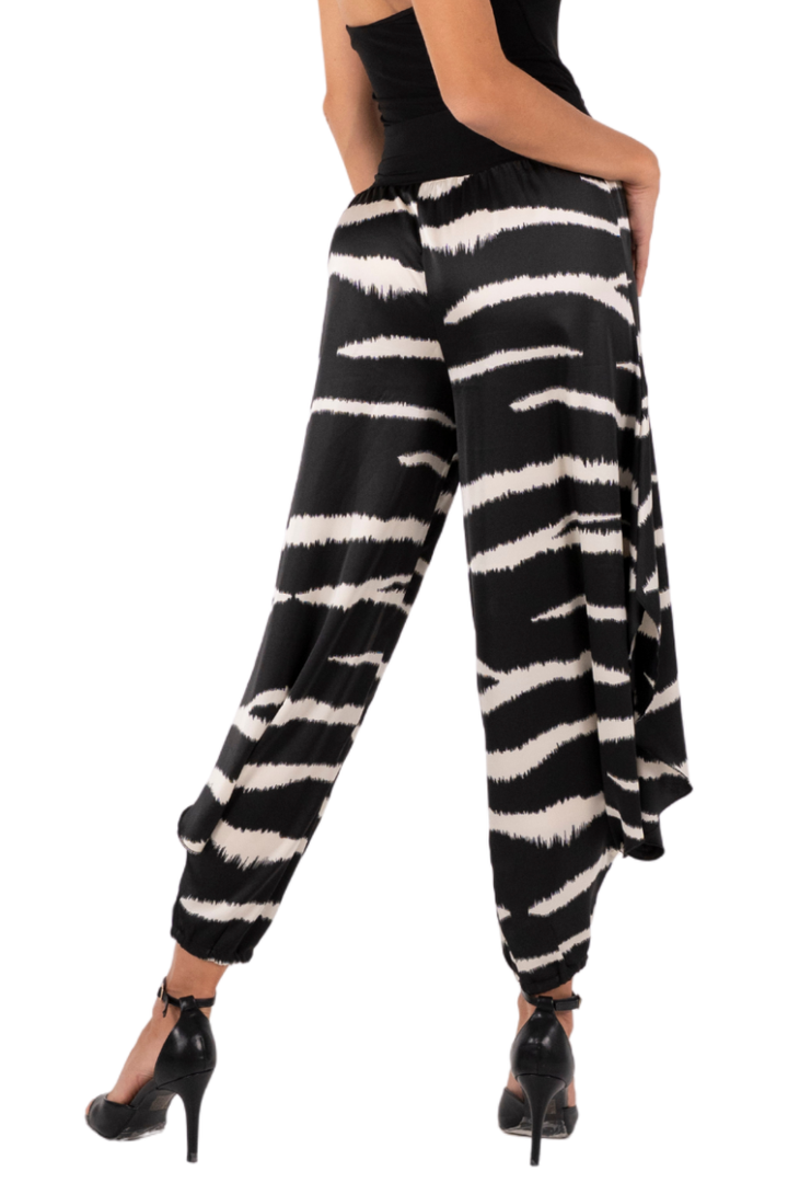 Dark Zebra Print Satin Harem Style Pants
