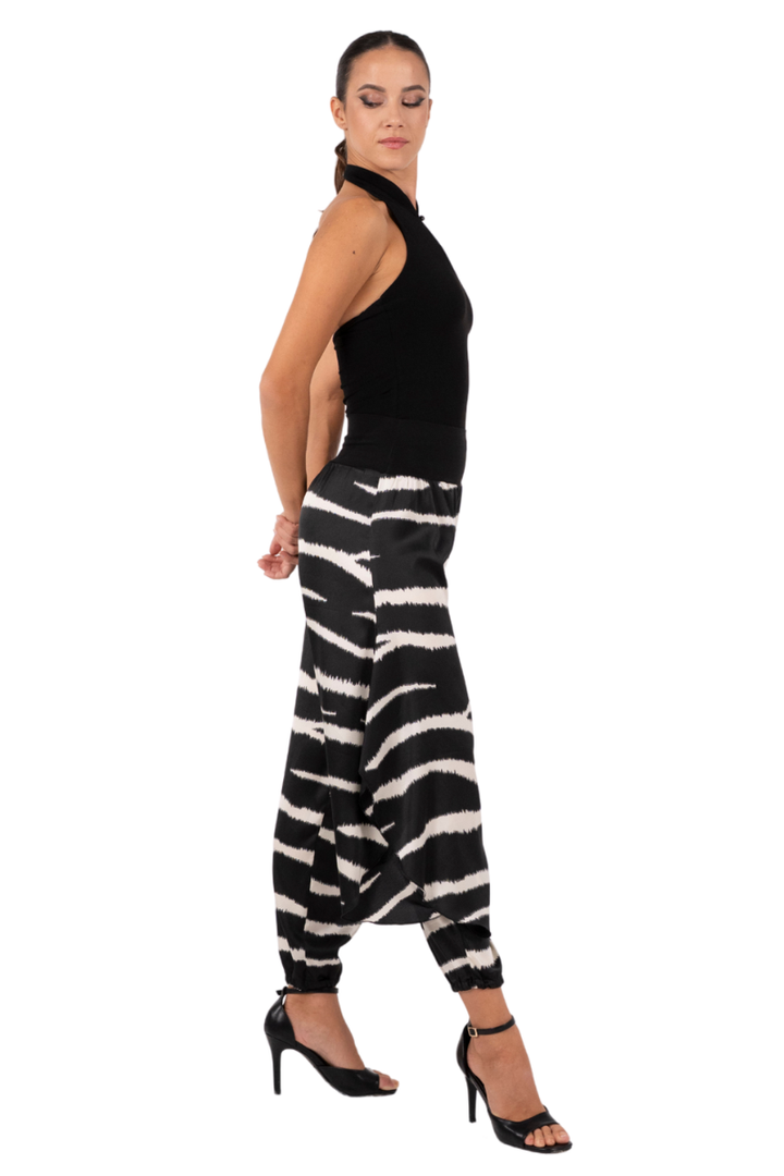 Dark Zebra Print Satin Harem Style Pants