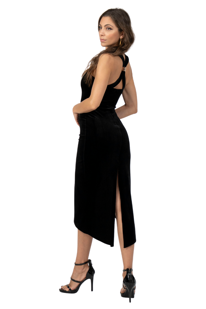Decorative Back Velvet Dress With Curved Slit