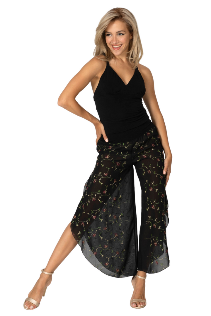 Floral Embroidered Asymmetric Cropped Tango Pants