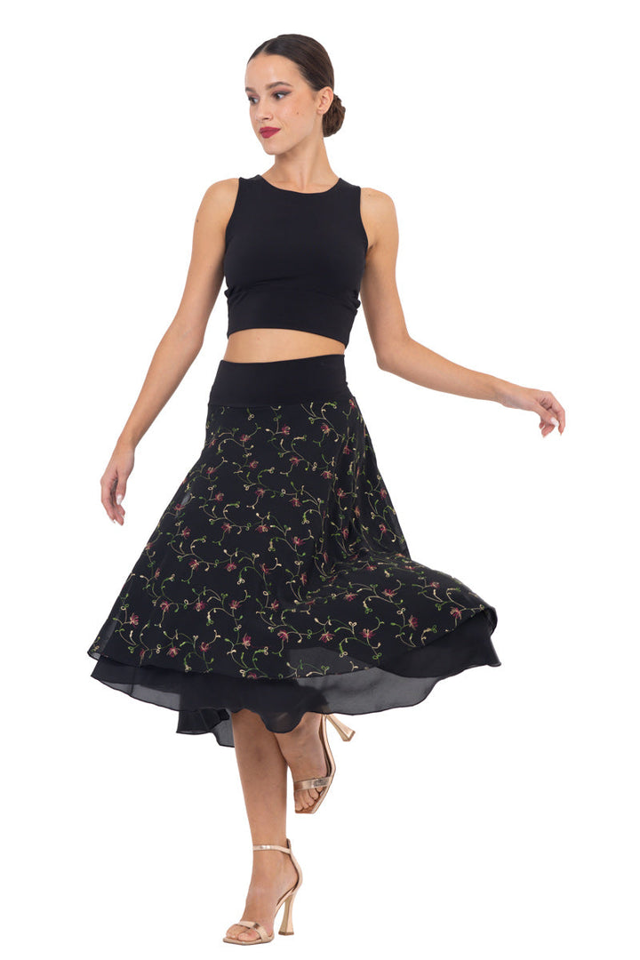 Delicate Floral Embroidered Georgette Two-layer Skirt