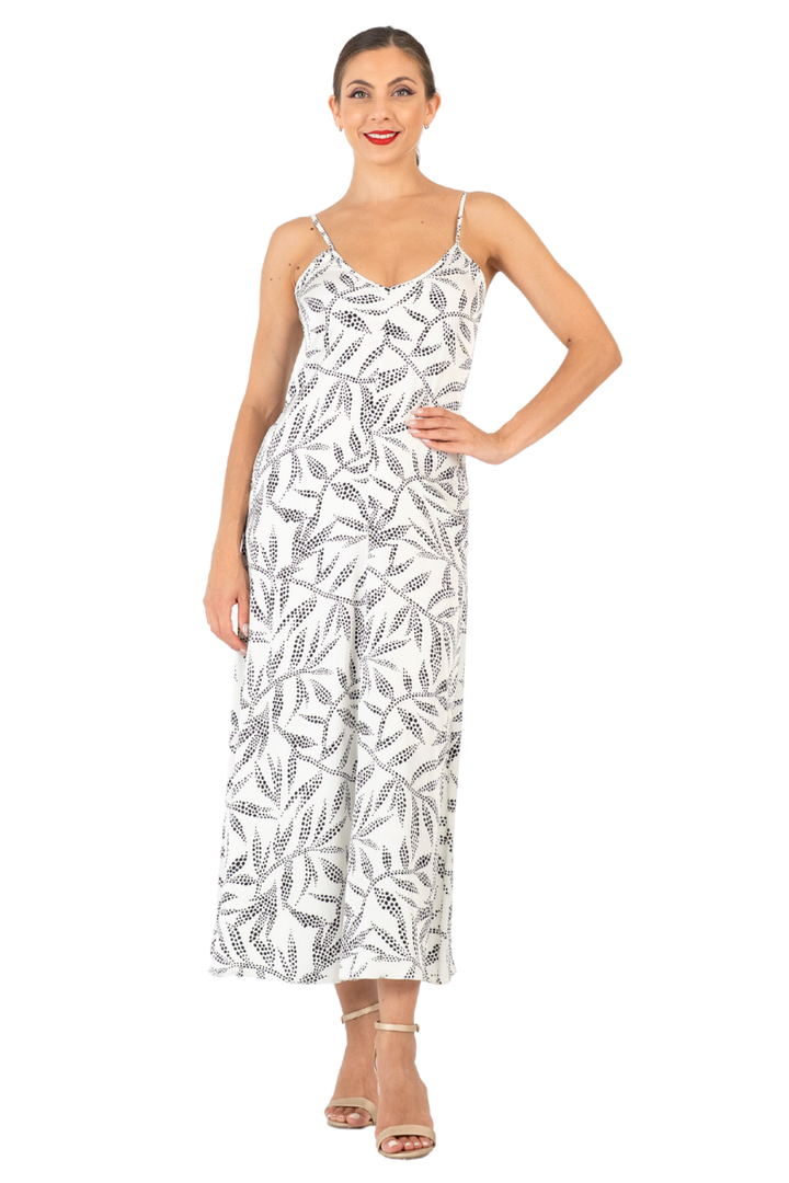 Dotted Leaf Print Satin Midi Dress