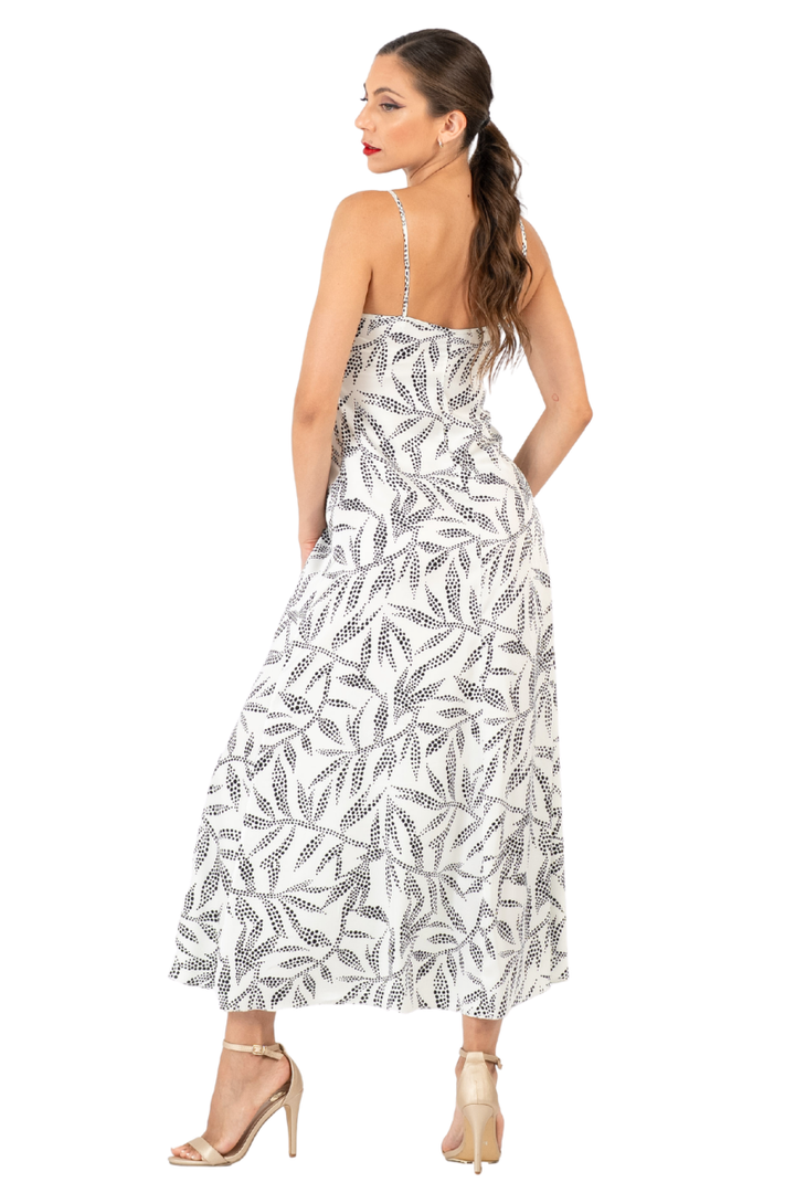 Dotted Leaf Print Satin Midi Dress