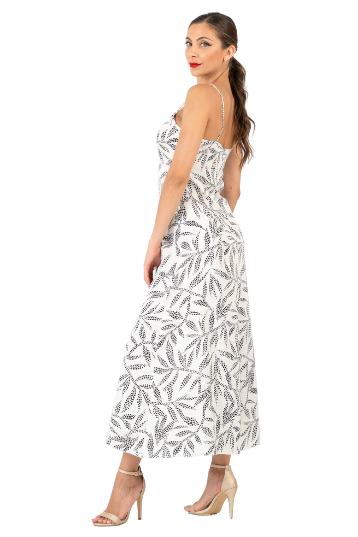 Dotted Leaf Print Satin Midi Dress