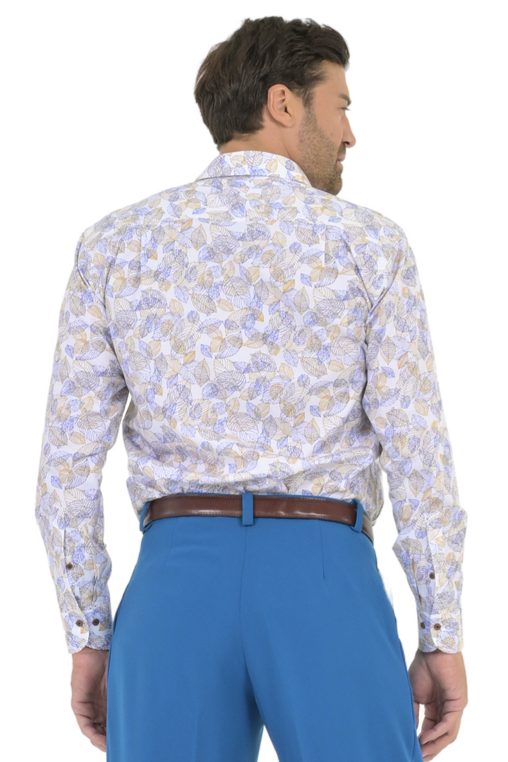 Ecru Leaf Print Men's Cotton Shirt