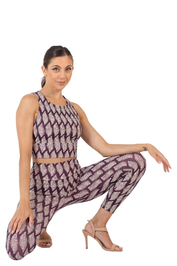 Eggplant Leaf Print High-Waisted Practice Leggings | conDiva Active